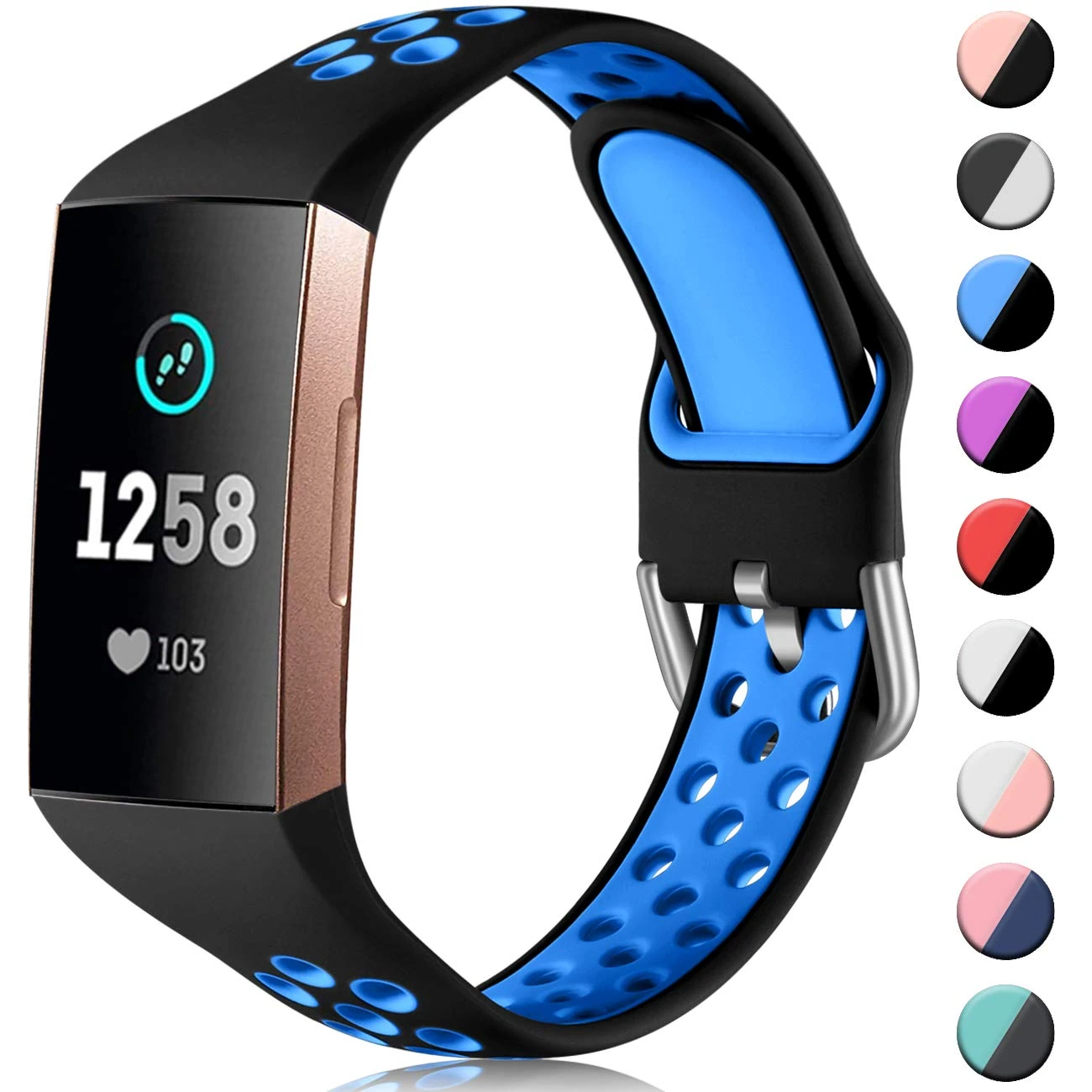 CeMiKa Silicone Strap Compatible with Fitbit Charge 4 Band/Fitbit Charge 3 Band, Breathable Replacement Sport Band for Charge 4 SE, Small Black/Blue