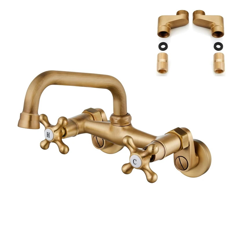 Airuida Antique Brass Tap for Kitchen Sink Wall Mounted Faucet 6 Inch(15cm) Spout Reach Adjustable Center Double Cross Handles 3 Inch to 9 Inch Hot and Cold Water Mixer Tap 360 Rotatable Faucet
