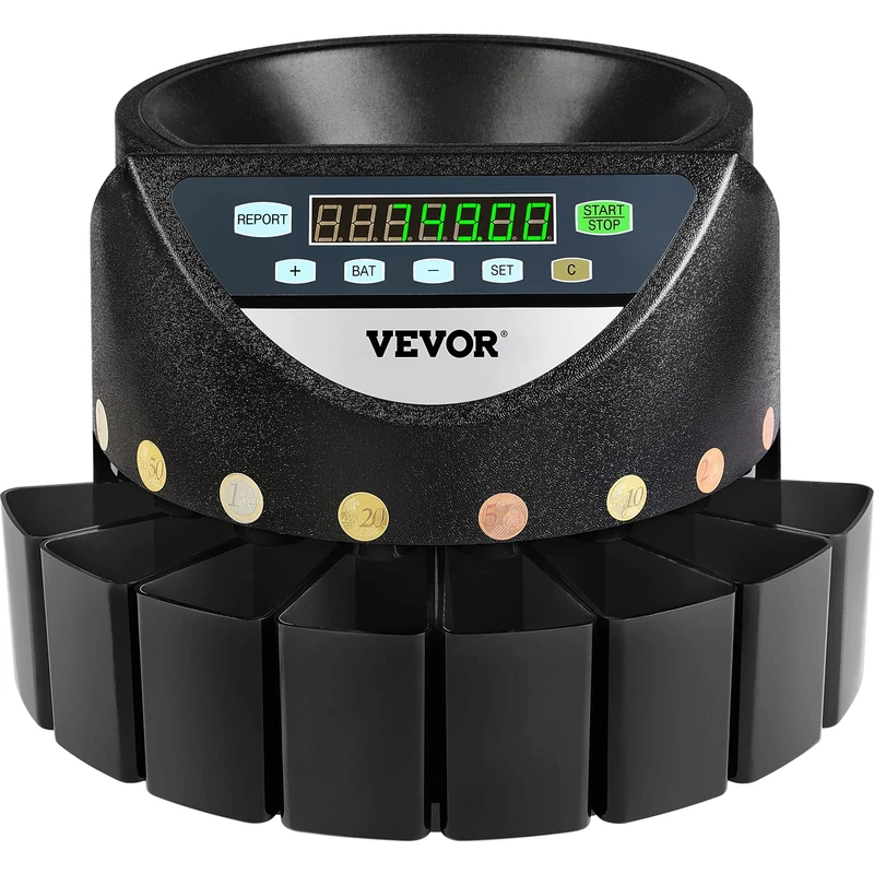 VEVOR Euro Coin Counter Sorter 500-1000 Coins Electronic Automatic EUR Coin Counting Machine 300 Coins Per Minute with 8 Coin Drawers for School Shop Bank, Black