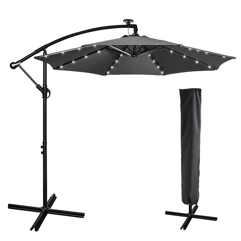 Mondeer Cantilever Parasol with Solar LED Lighting, 3m Garden Umbrella with Cover Aluminium Waterproof UV Protection Height Adjustable Crank Handle for Outdoor Garden Patio (Grey)