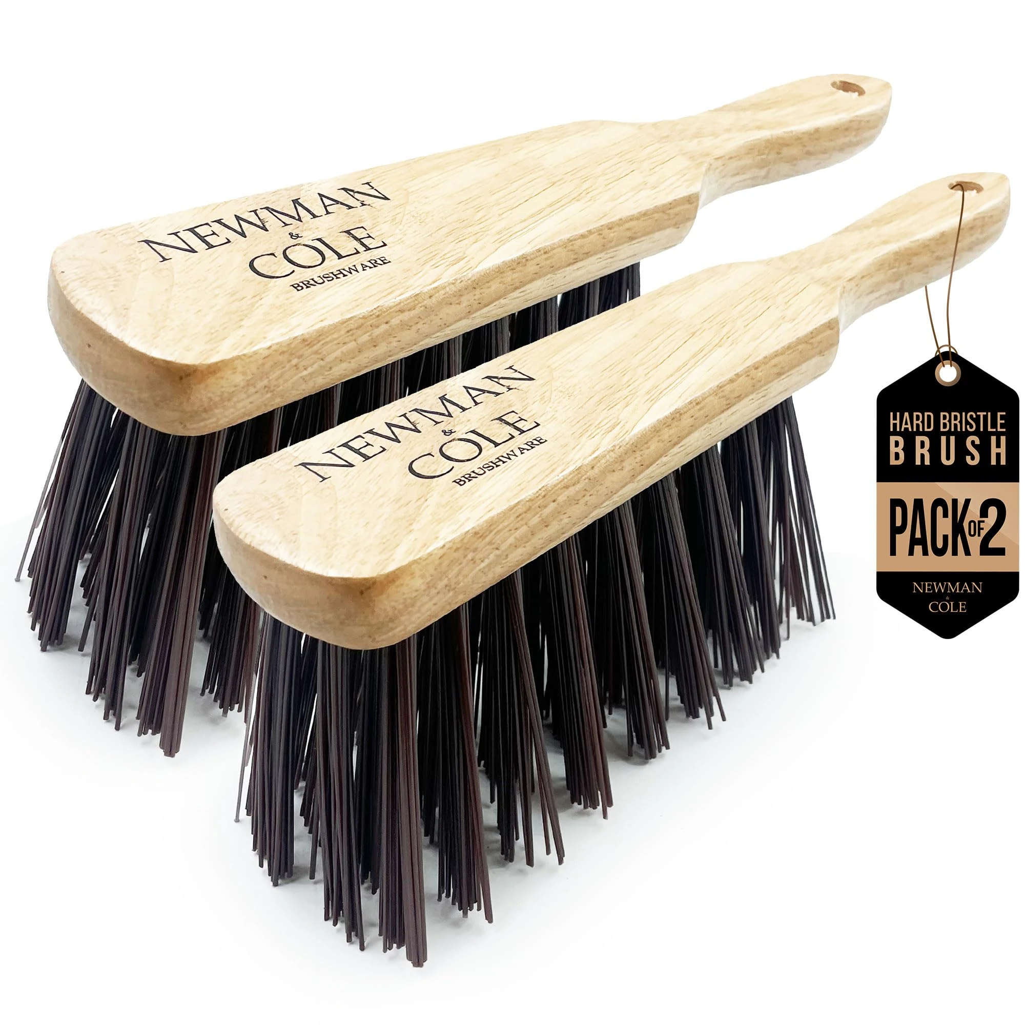Newman and Cole Natural Wooden Hand Brushes - Choose from Hard Stiff Bristle Brush or Soft Brush with Natural or Synthetic Bristles - 2 x Hard Synthetic Bristle Hand Brush