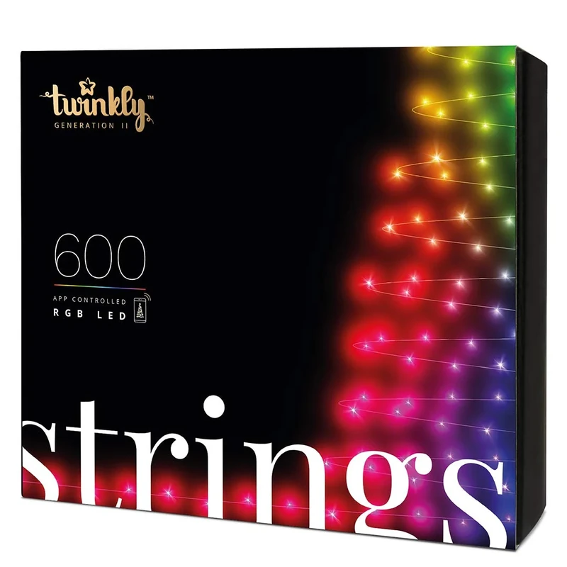 Twinkly Strings 600 LED RGB, Ledlichtsnoer Buiten en Binnen, Slimme Multi Ledverlichting, Compatibel met HomeKit, Alexa en Google Home, Ledlichten voor Gaming, IP44, Bediend via App, Zwart Snoer, 48m