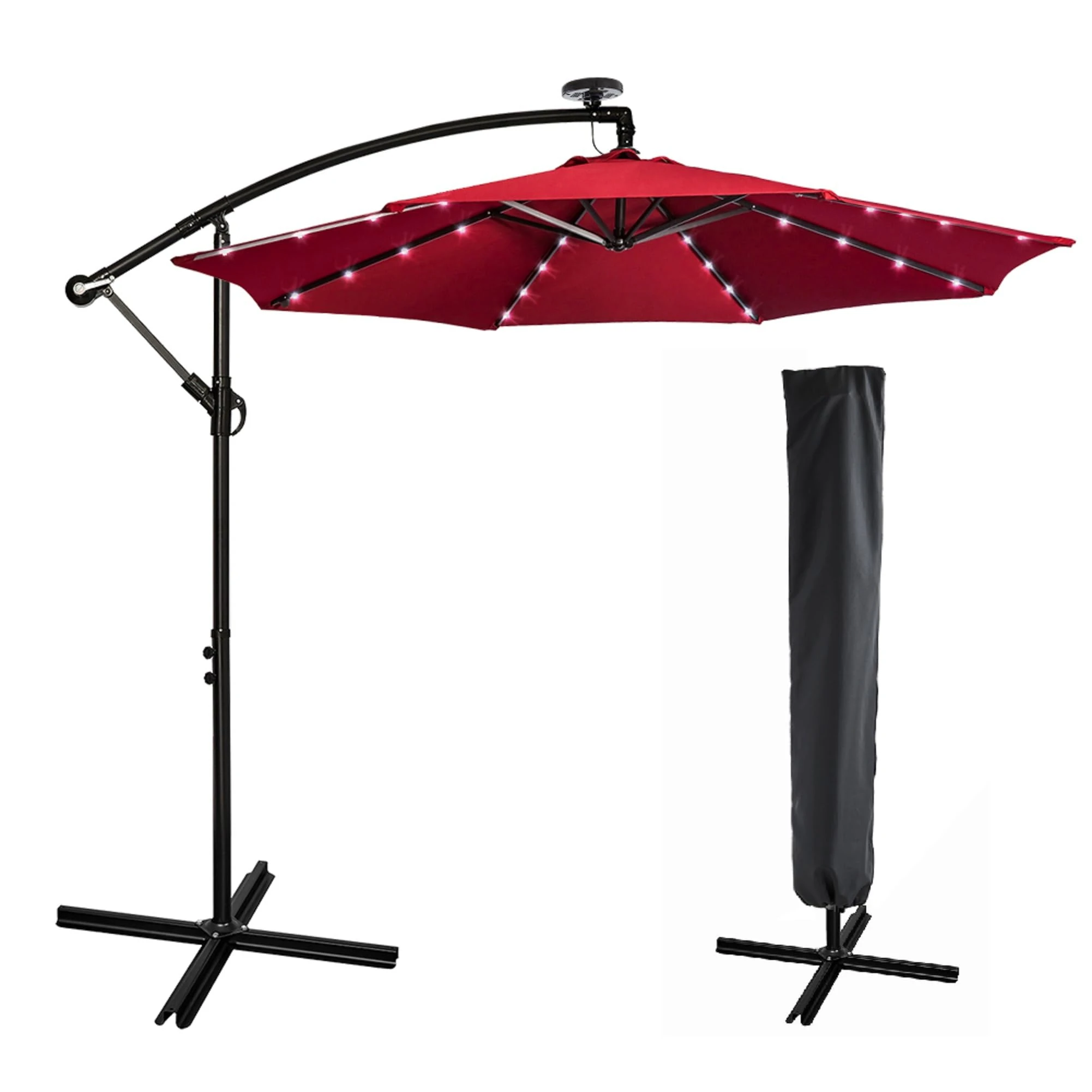 Mondeer Cantilever Parasol, Garden Umbrella 3M Aluminium Waterproof UV Protection Height Adjustable Crank Handle with Solar LED Lighting for Outdoor Garden Patio (Red)