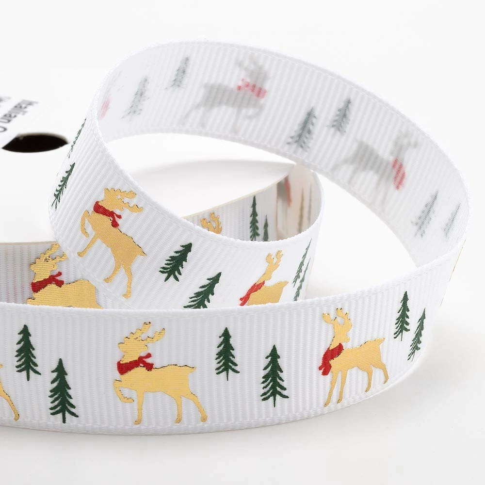 Italian Options White Christmas Ribbon Golden Reindeer Stag 16mm x 5 Metres