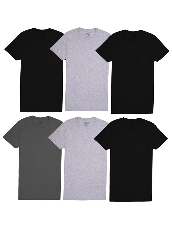 Fruit of the Loom Men's Pocket T-Shirt 6-Pack - Black/Grey L - Image 1