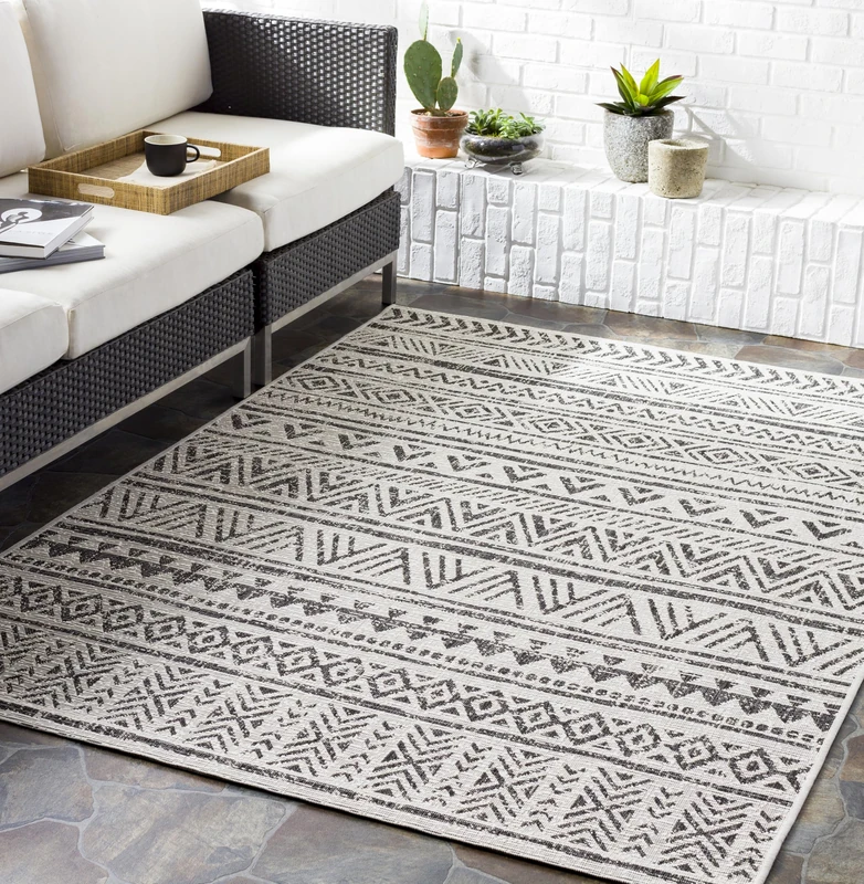 Livabliss Titi Geometric Indoor Outdoor Design – Bari 160 cm Round, Patio Deck Use, Boho Colourful Pattern, UV Weather Resistant, Stain Durable, Black Cream