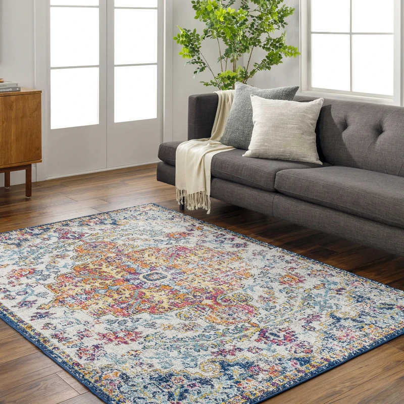 Livabliss Asmara Vintage - Area s Living Room 152x152 cm, Dining Floor, Kitchen, Traditional Multicoloured Boho Style, Easy Care Pile, Bohemian Large, Blue and Orange