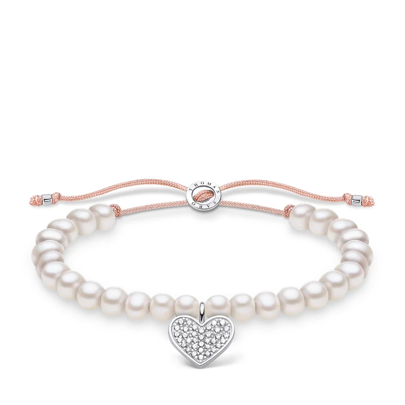 Thomas Sabo White Pearl Pave Heart Bracelet 925 Sterling Silver 13-20cm Length