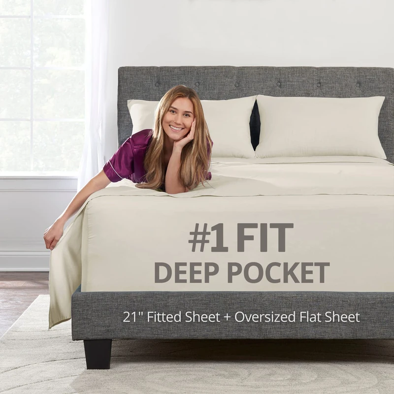 Extra Deep Pocket King Bed-Sheets – 4-Piece Includes: 18”-21” Inch Super Extra Deep Pocket Fitted Sheet – Oversize Flat Sheet – 2 Zipper Closure Pillowcases – Perfectly Fit – King Size – Beige Cream
