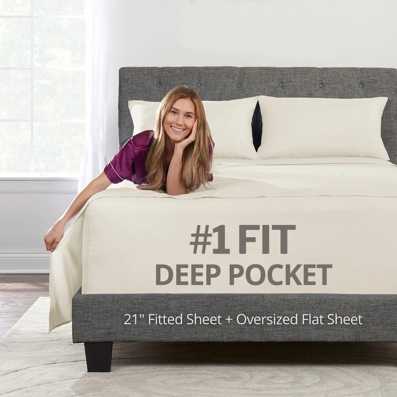 Extra Deep Pocket Queen Bed-Sheets – 4-Piece Includes: 18”-21” Inch Super Extra Deep Pocket Fitted Sheet – Real Oversize Flat Sheet – 2 Zipper Closure Pillowcases – Queen Size – Ivory (Off White)