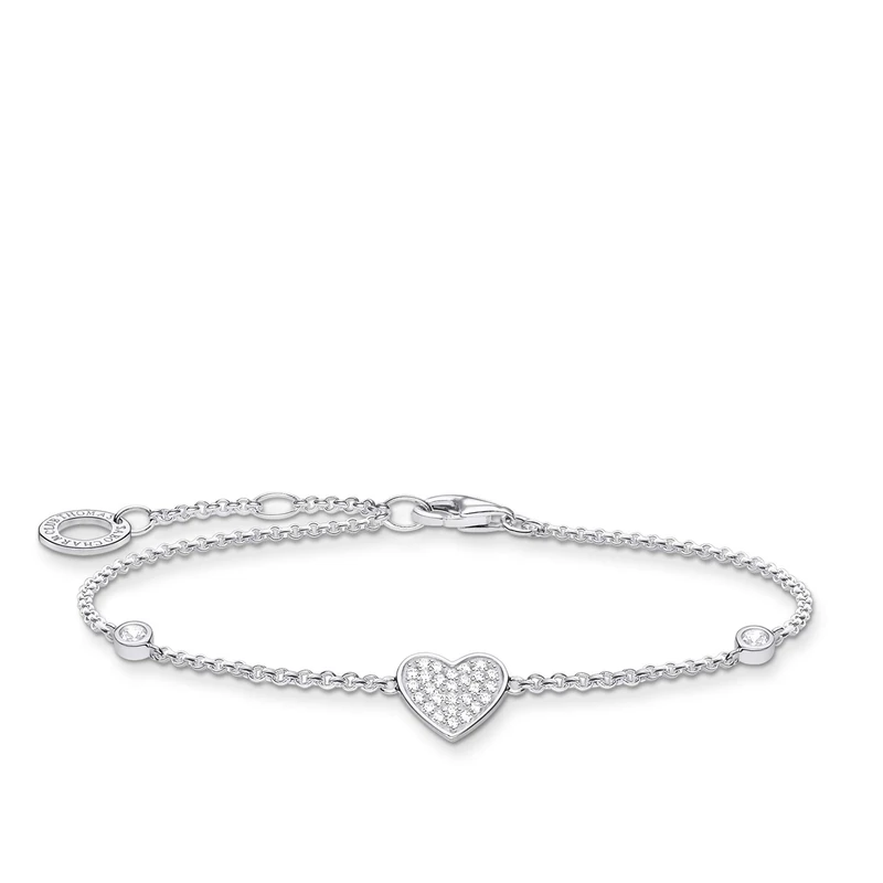 Thomas Sabo Silver Heart Bracelet with Stones - 925 Sterling Silver - Length 16-19cm