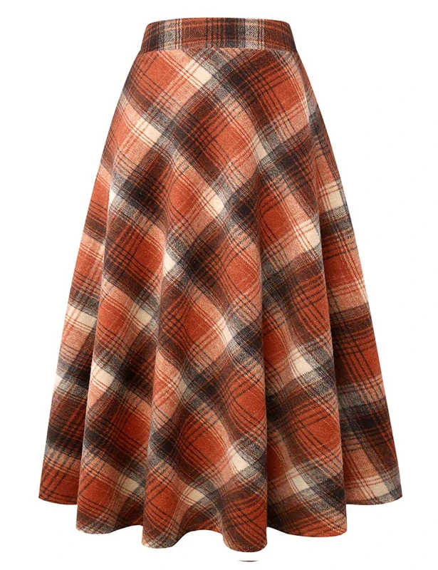 IDEALSANXUN Womens Plaid Wool Skirts Elastic Waist A-Line Pleated Tartan Long Skirts, Long Orange, S