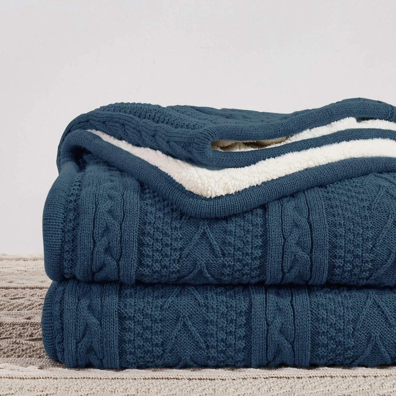 Longhui bedding Acrylic Cable Knit Sherpa Throw Blanket - Thick, Soft, Big, Cozy Grey Blue Knitted Fleece Blankets for Couch, Sofa, Bed - Large 50 x 63 Inches Gray Blue Coverlet All Season - Image 1
