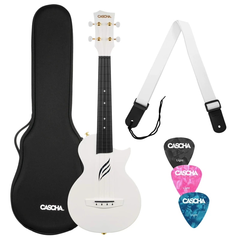 CASCHA Concert Ukulele Set Carbon Fiber - Carbon Ukulele Starter Kit with 3 Picks and Bag - Ukulele Set Fluorocarbon Strings - Small Hawaiian Guitar for Beginners and Advanced - White