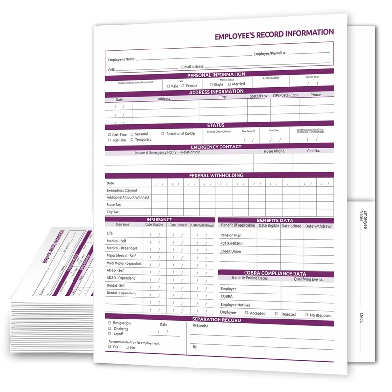 NextDayLabels - Employee Record Folders. 25 Pack. Secure, Discreet Employee Info Records, Preprinted.