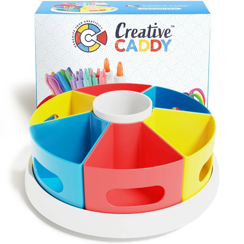 Creative Caddy Rotating Art Supply Organizer, Kids Desk Organizer, Art Caddy, Crayon Holder, Multicolor, Fun Style, ABS Plastic, Tabletop Mount, 7 Compartments, 106 Capacity, Red, Blue, Yellow
