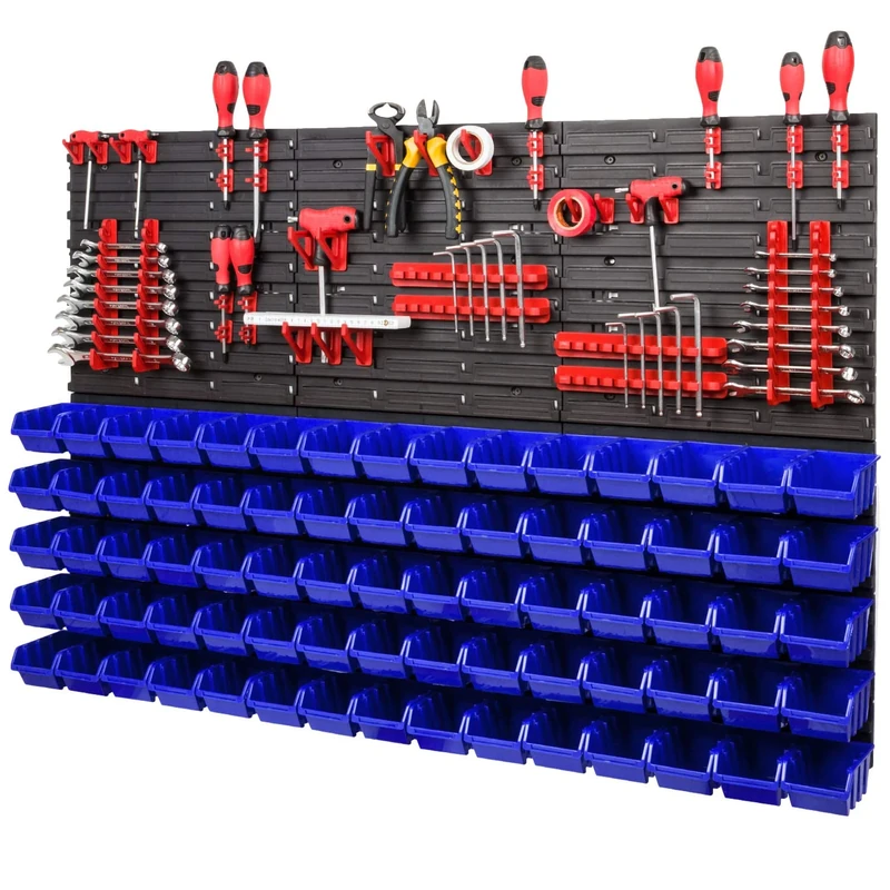 PAFEN Storage System Wall Shelf XXL 1158 x 780 mm - Extra Strong Tool Wall with Stacking Boxes - 111 Pieces - Red Tool Holder + Blue Boxes
