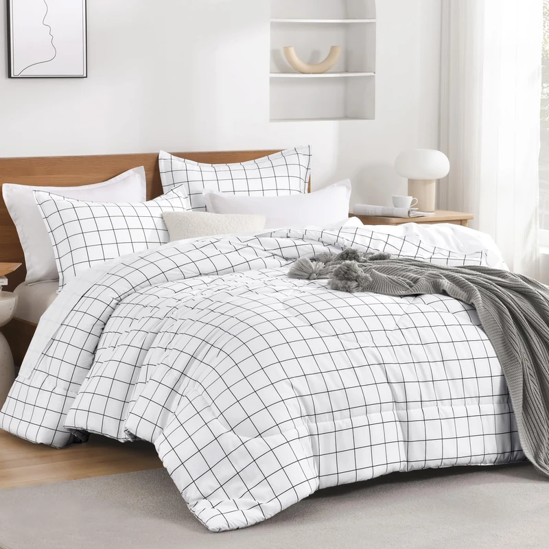 Andency King Comforter Sets White, Gingham Plaid Grid Checkered Bedding Set