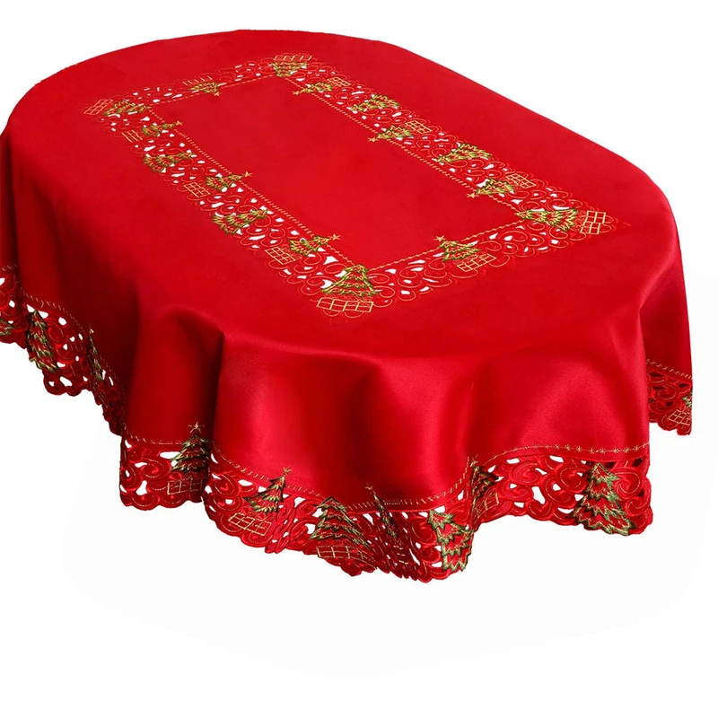 Grelucgo Embroidered Christmas Holiday Holly Tree Tablecloth (52 × 70 Inches Oval Tablecloth)