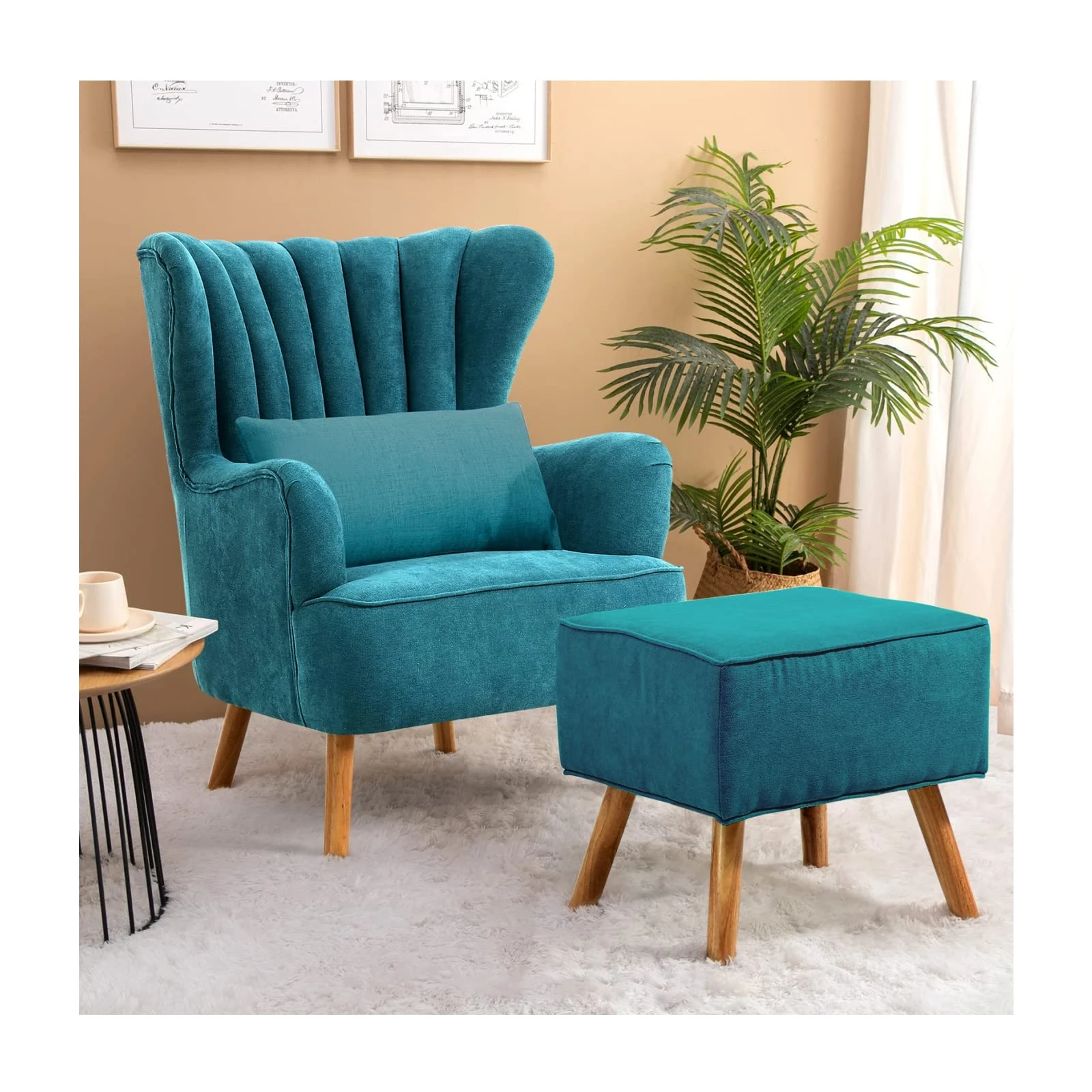 INMOZATA Armchair with Footstool Teal Linen Fabric Occasional Accent Chairs Stunning Shell Wingback Tub Chair with Wood Legs for Living Room Bedroom Lounge (Teal)