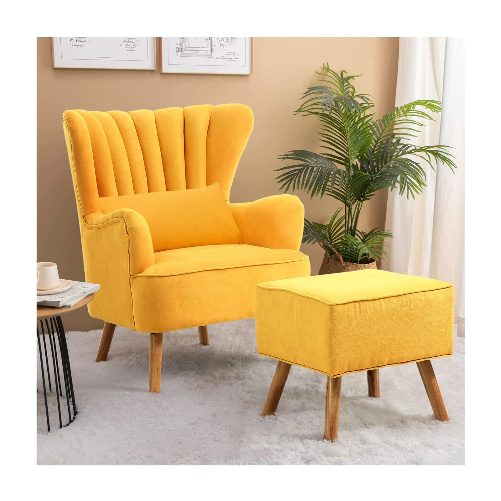 INMOZATA Armchair with Footstool Yellow Linen Fabric Occasional Accent Chairs Stunning Shell Wingback Tub Chair with Wood Legs for Living Room Bedroom Lounge (Yellow)