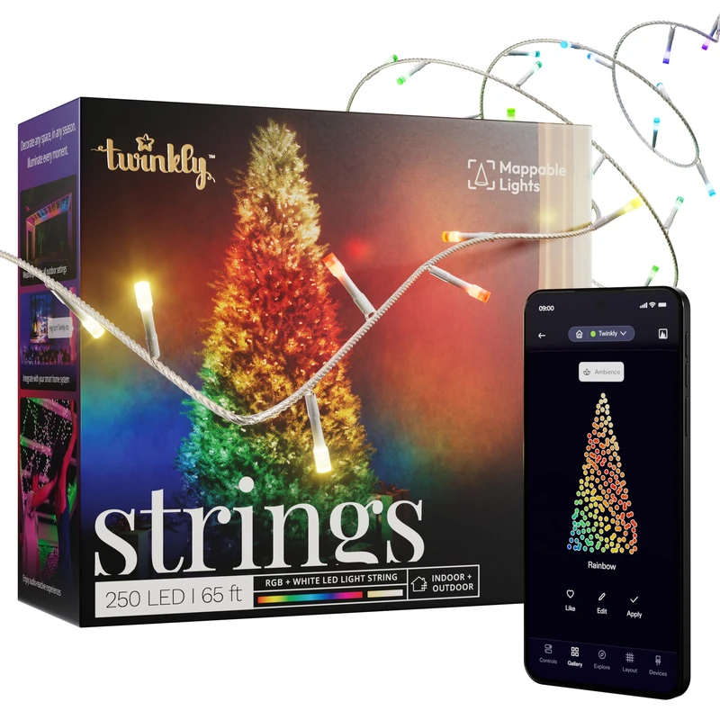 Twinkly Strings 250 LED RGB+ White, LED Light String, in- and Outdoor Smart Multicolor LED Lights, Mappable LEDs, Compatible with Alexa and Google Home, IP44, Transparent Wire, 20m