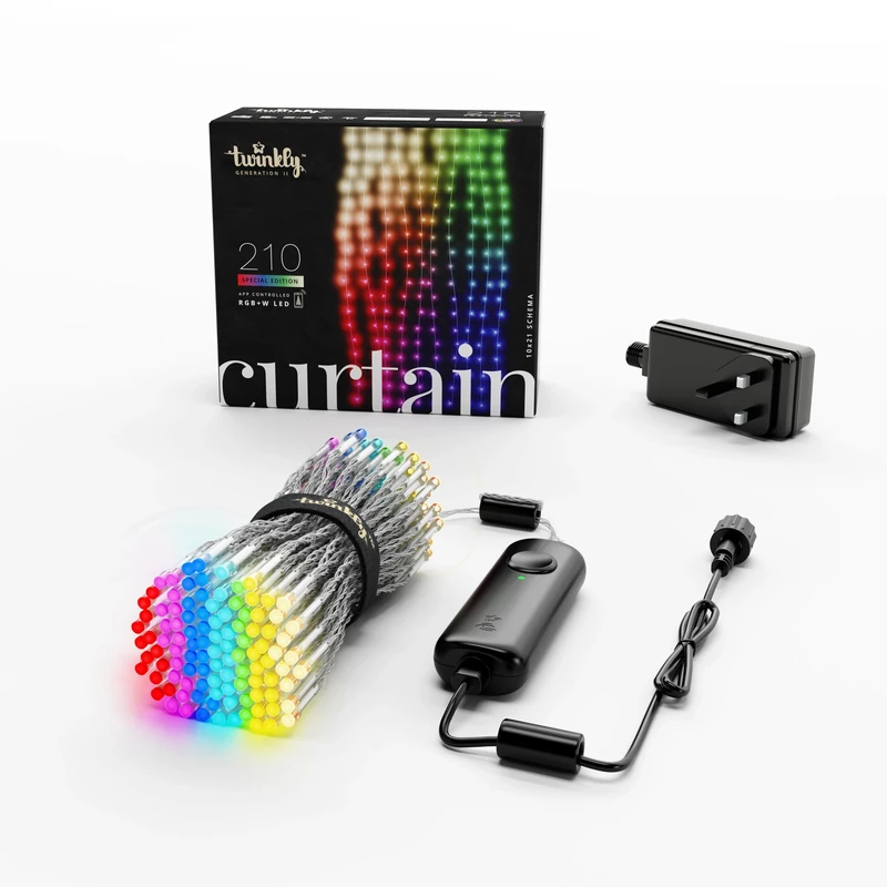 Twinkly Curtain 210 LED RGB+White, Outdoor and Indoor LED Light Chain, Smart Multicolor RGB and White Lights, Compatible with Alexa, Google Home, IP44, App Control, Transparent Wire, 1.5m x 2.1m