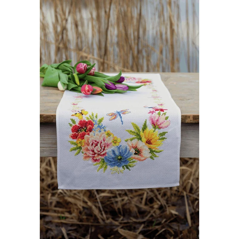 Vervaco Embroidery Kit Table Runner Counted Pattern Pack Cross Stitch Flowers Embroidery Runner for DIY Embroidery Craft Kit Craftsman Creative Set for Adults 32 x 84 cm Creative Gift