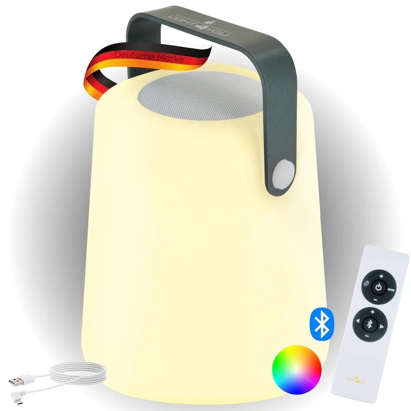 SCHWAIGER 661767 Portable Table Lamp Bluetooth Speaker Battery RGB LED Bedside Lamp Outdoor Light Outdoor Garden Lamp Music Speaker Handle 10 W Splashproof