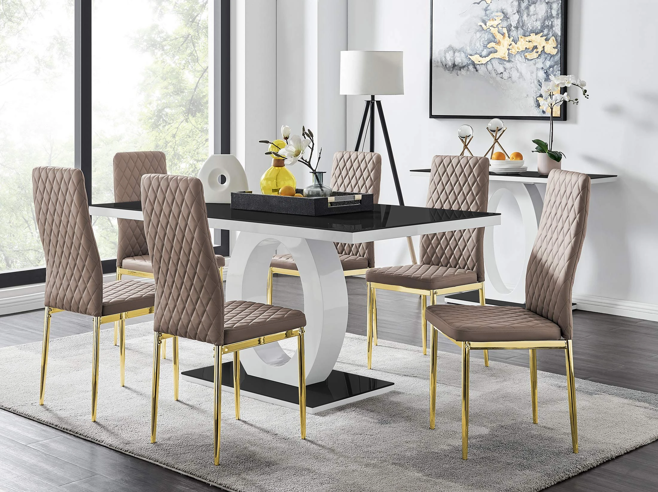 Furniturebox UK - Giovani Modern Black/White High Gloss Glass Dining Table Set and 6 Stylish Contemporary Gold Milan Chairs Set (Dining Table + 6 Cappuccino Grey Gold Milan Chairs)