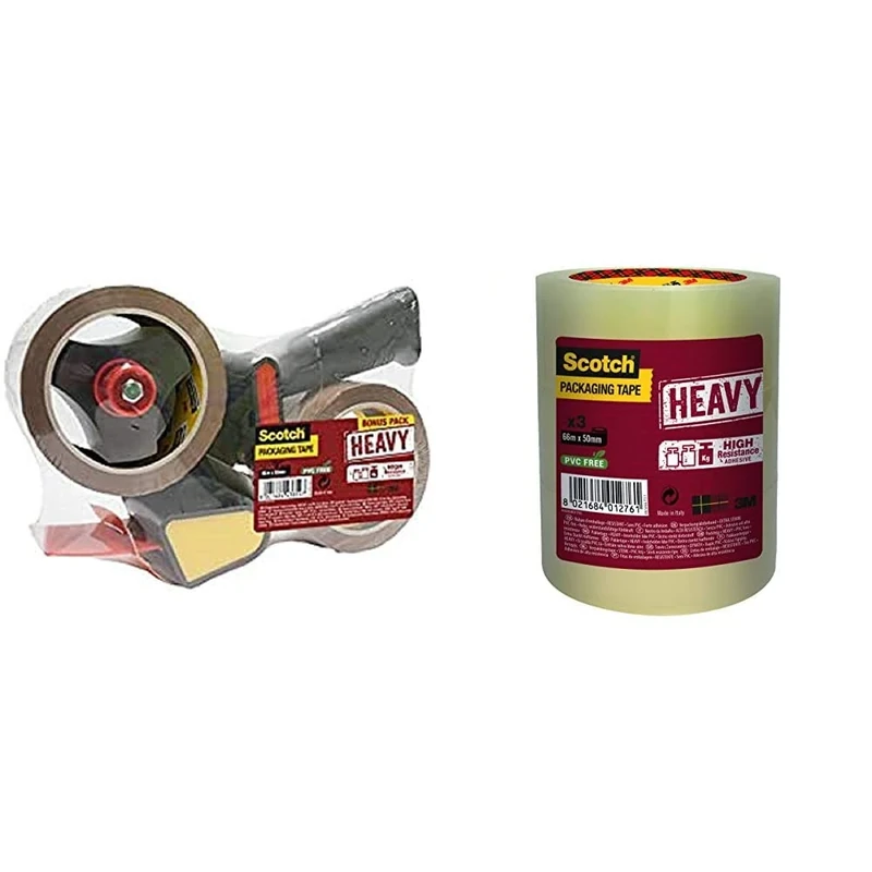 Scotch DEVIDOIR Metal 50 mm x 66 m Dispenser + 2 Rolls of Packaging Tape + 50 x 66 mm Packaging Tape Roll, Heavy Transparent, Pack of 3