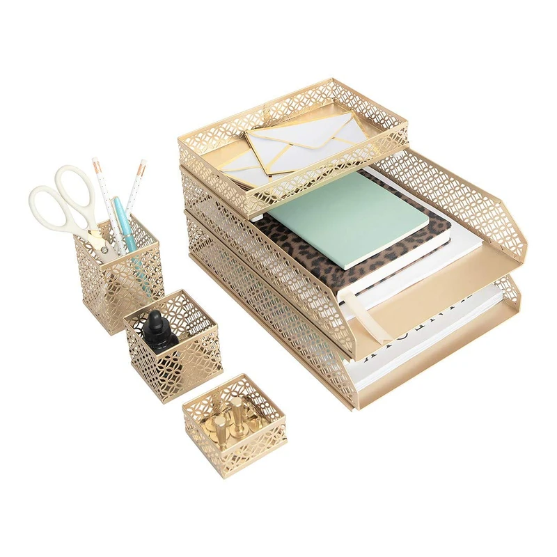 Blu Monaco Office Supplies Gold Desk Accessories for Women-6 Piece Interlocking Stylish Desk Organizer Set- Pen Cup, 3 Accessory Trays, 2 Letter Trays-Gold Office Paper Tray Holder