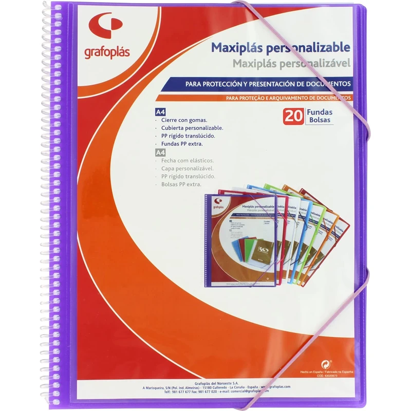 Grafoplás 39842035 Customisable Spiral Binder, 20 Transparent Covers, Violet, 30.8 x 24 x 14