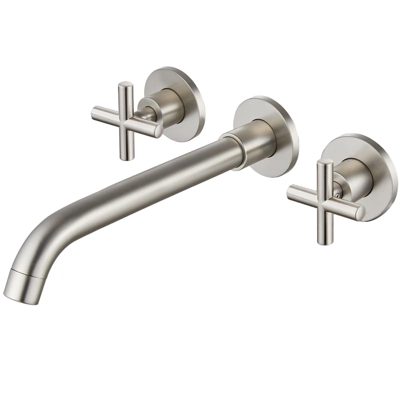 Bathroom Sink Faucet Brushed Nickel Wall Mounted Dual Cross Handles 3 Holes Widespread Vanity Sink Mixer Tap Lavatory Brass Basin Mixing Faucets with Rough in Valve Included Swivel Spout