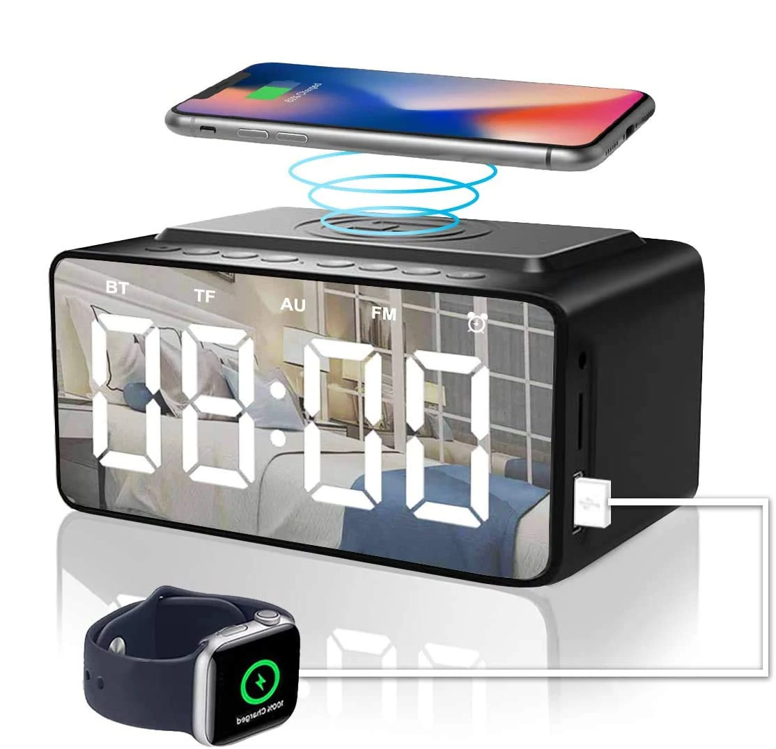 Alarm Clock Radio with Bluetooth Speaker, Alarm Clocks Bedside, Battery backup and USB port Powered Used as Wireless Charger and USB Charger, Snooze,Large HD LED Display