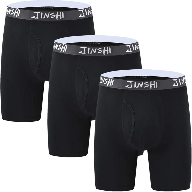 JINSHI Men's Bamboo Underwear Long Leg Boxer Shorts 3 Pack Soft Sports Underwear Shorts Breathable Classic Black Underpants Boxer Briefs Size L