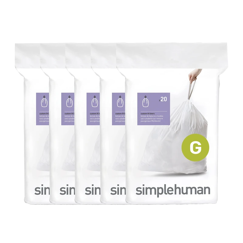 simplehuman Code G 100 Count,Genuine Custom Fit Liners, Drawstring Trash Bags in Dispenser Packs, 30 Liter / 8 Gallon, White