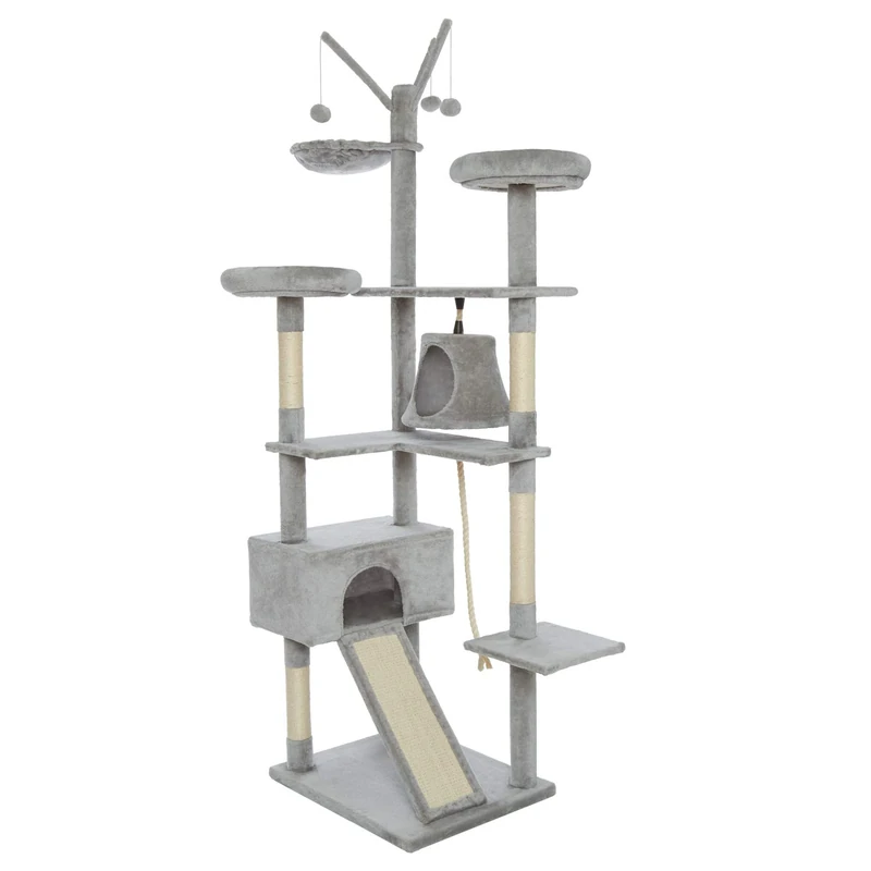 Meerveil Cat Tree, 210cm Cat Tower for Indoor Cats, Cat Climbing Tree with Activity Platforms, 3 Pompoms, 2 Condos, Basket and Sisal Scratching Posts, Light Grey