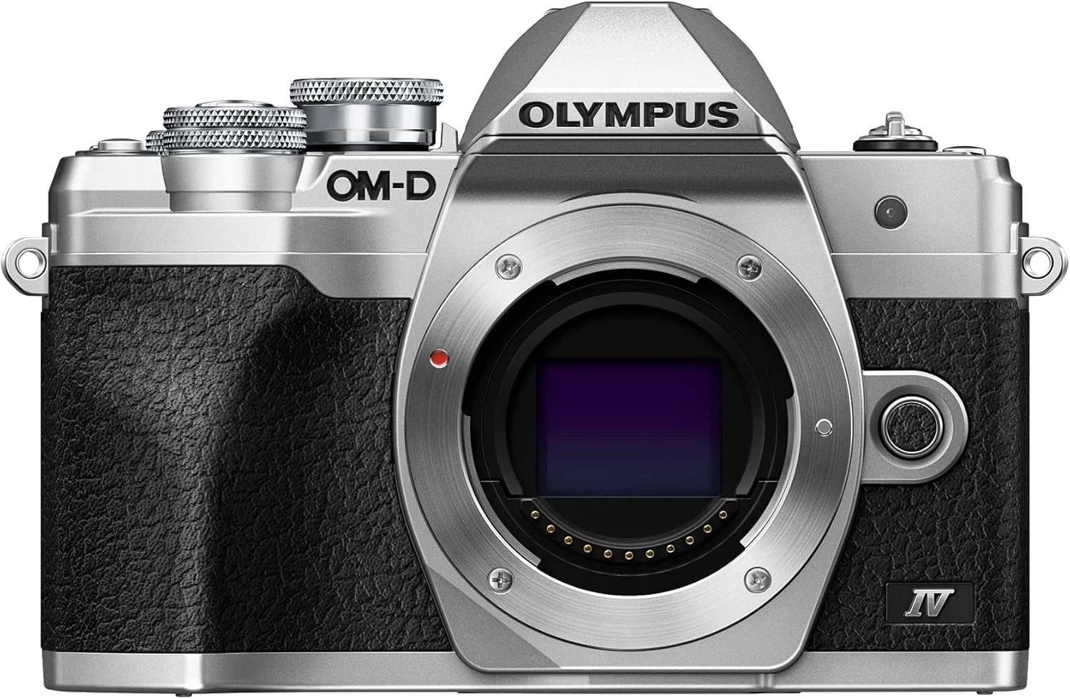 Olympus OM-D E-M10 Mark IV Micro Four Thirds System Camera, 20 MP sensor, 5-axis image stabilizer, selfie LCD screen, electronic viewfinder, 4K video, powerful AF, Wi-Fi, silver