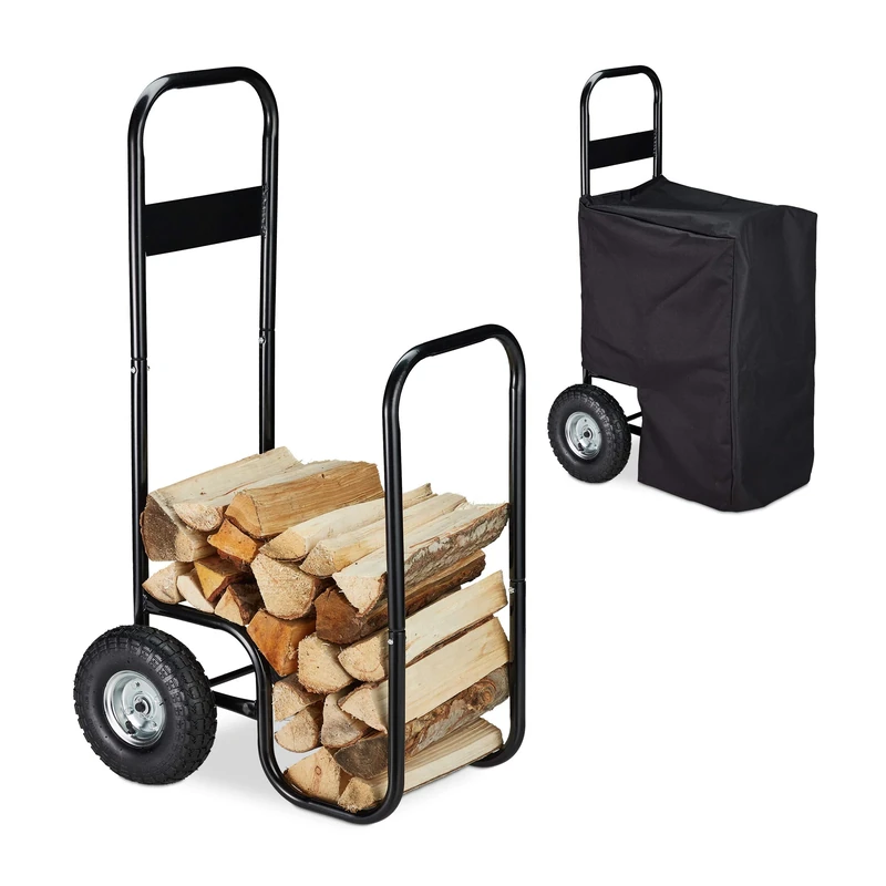 Relaxdays, Weather Protection Tarpaulin, 2 Wheels, 60 kg load, Transport & Storage, Firewood Cart, Black, Steel, 109 x 58 x 51 cm