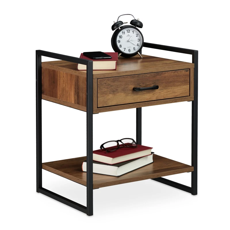 Relaxdays Night Stand, Side Table, Drawer, H x W x D: approx. 49 x 43 x 38 cm, Metal, Natural/Black, Fibreboard