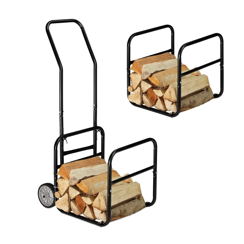 Relaxdays Firewood Cart, 2in1 Firewood Trolley & Firewood Rack, made of Steel, up to 45 kg, Transport & Storage, Black
