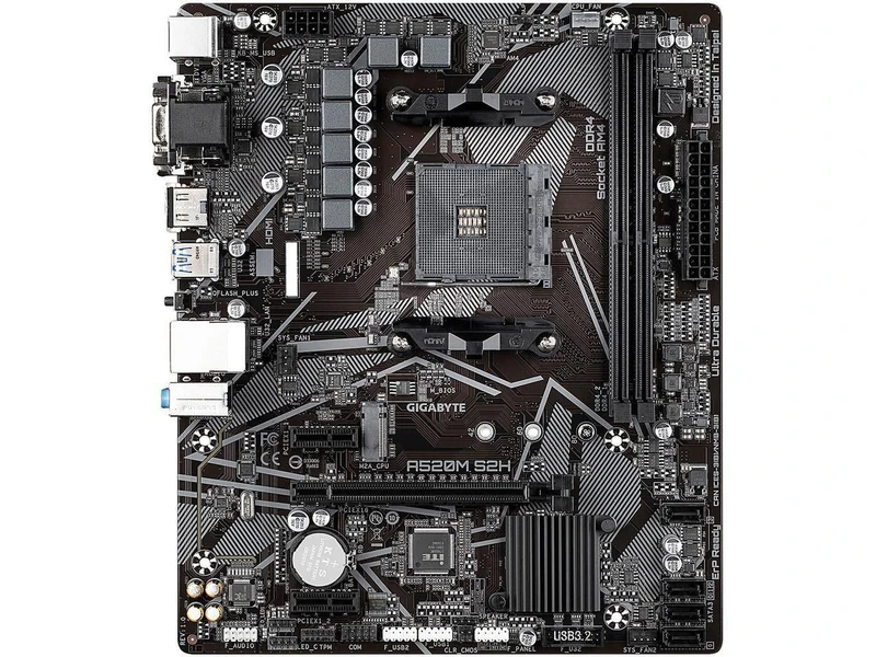 Gigabyte A520M S2H (AMD Ryzen AM4/MicroATX/4+3 Phases Digital PWM Gaming GbE LAN/NVMe PCIe 3.0 x4 M.2/3 Display Interfaces/Q-Flash Plus/RGB Fusion 2.0/Motherboard)