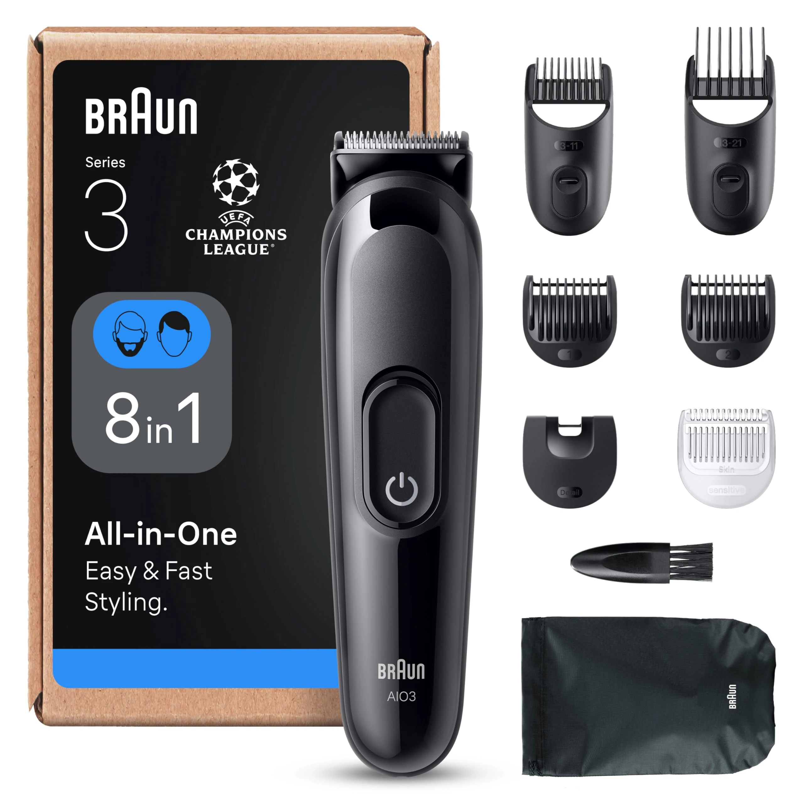 Braun 8-in-1 All-in-One Beard Trimmer & Hair Clipper for Men, Series 3 Grooming Kit with Ultra Sharp Blade, 14 Length Settings (3–21mm), 50-Min Cordless Use, Washable Heads, AIO3545, Black