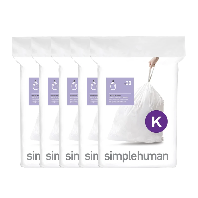 simplehuman Code K 100 Liners, 50% Recycled Custom Fit Bin Bags in Dispenser Packs with Durable Drawstring Tie Handle, 35-45L, White