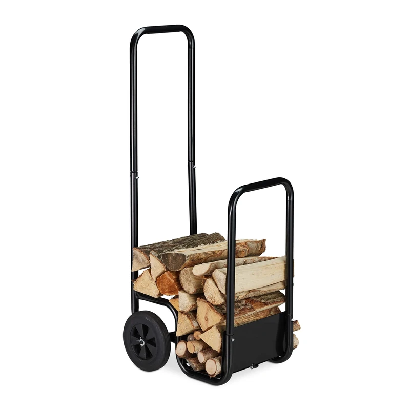 Relaxdays Firewood Cart made of Steel, with 2 Wheels, Log Transport & Storage, Inside & Outside, Load up to 40 kg, Black