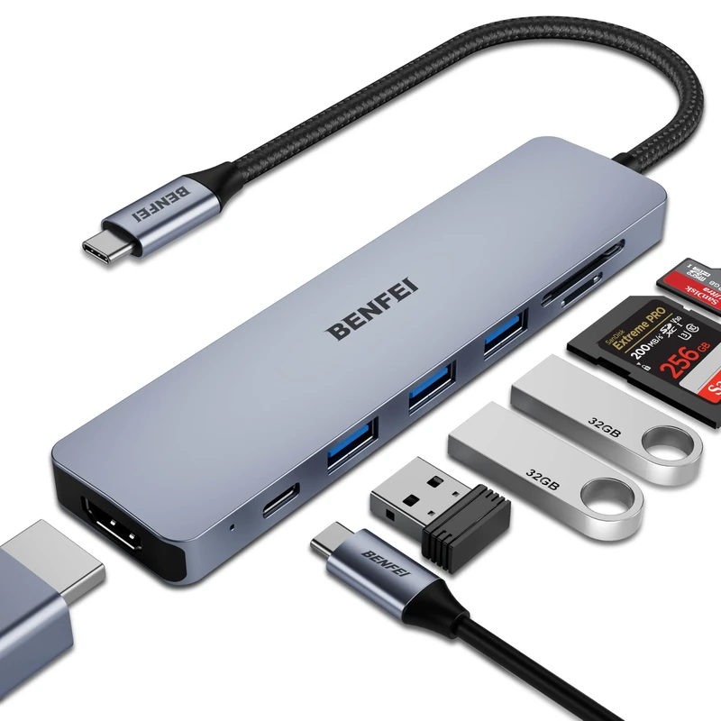 BENFEI USB C Hub 7 in 1, with HDMI 4K,2 USB Ports,SD/TF Card Reader Compatible with MacBook Pro 2019/2018/2017, Samsung Galaxy S9/S8[Aluminium Shell&Nylon Cable