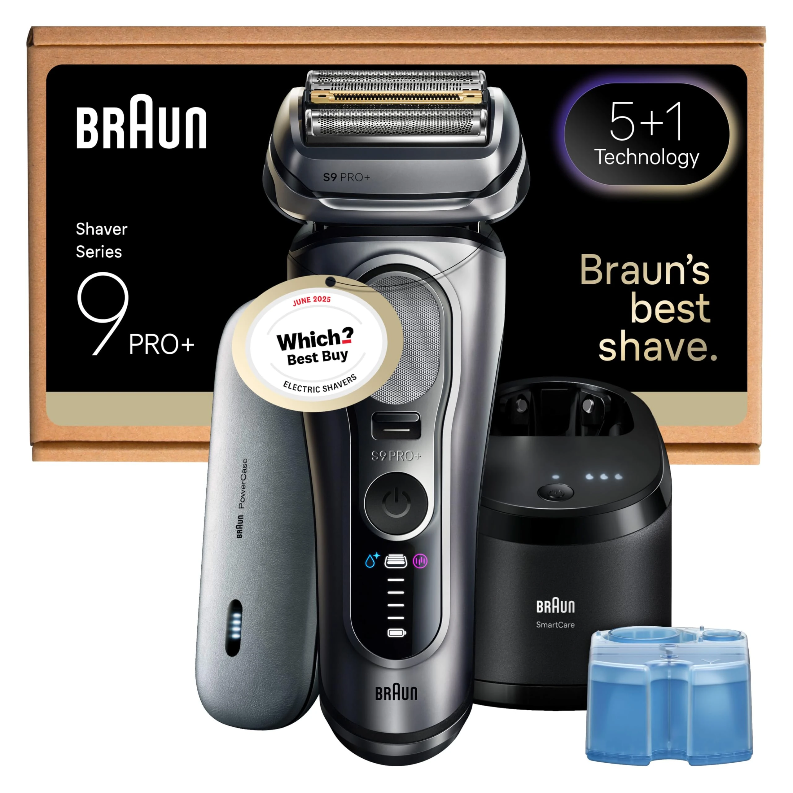 Braun Series 9 PRO+ Electric Shaver, 5+1 Ultra Thin Precision Blades, Pro SensoAdapt, Up to 60 min, PowerCase, 6in1 SmartCare Center, Wet & Dry Razor for Men, 9677CCE, Silver