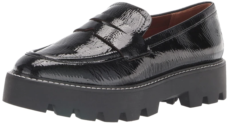 Franco Sarto Women's Balin Lug Sole Chunky Loafer, Black Crinkle, 7 UK