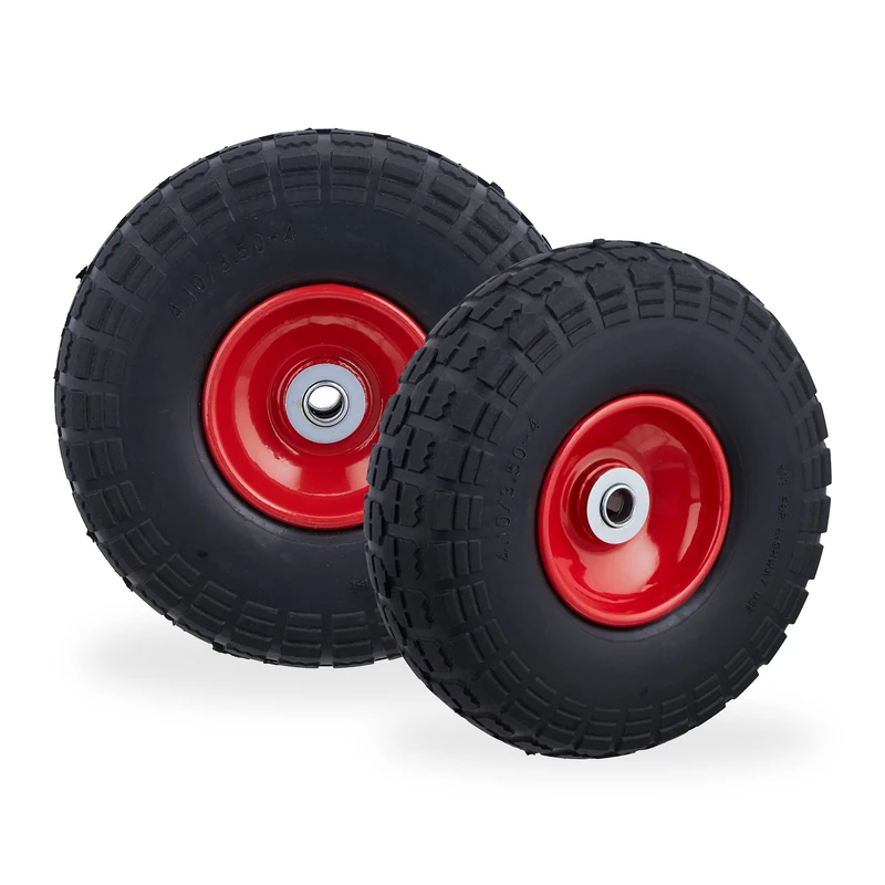 Relaxdays Set of 2 Wheelbarrow Tyres, Puncture-Proof Solid Rubber, 4.1/3.5-4", 16 mm Axle, Spare Wheel, Black/Red